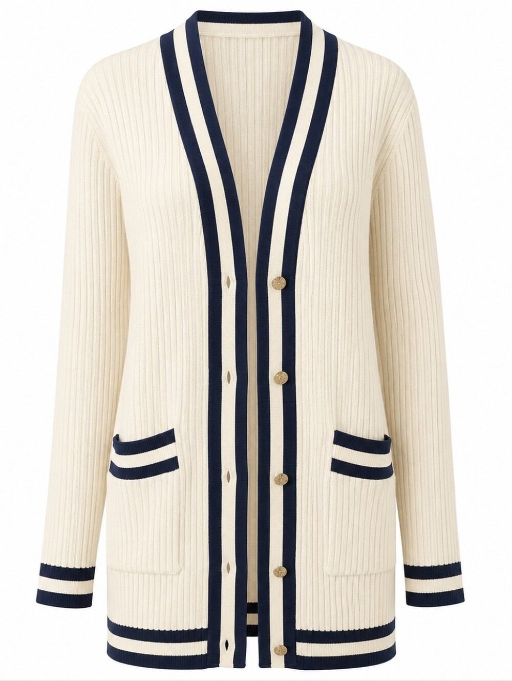CABI | Cream‎ Navy Varsity Stripe Ribbed Cotton Preppy Cardigan Pockets | M